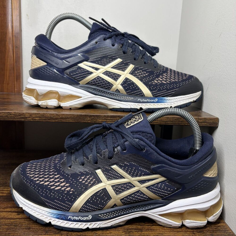 ASICS GEL-Kayano 26 1012A457 Navy Gold Running Shoes Womens 8.5
